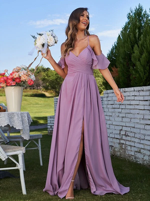 Women's High-Fashion Attire Big Savings on Rustic Countryside Styles A-Line/Princess Chiffon Ruffles Off-the-Shoulder Sleeveless Floor-Length Bridesmaid Dresses