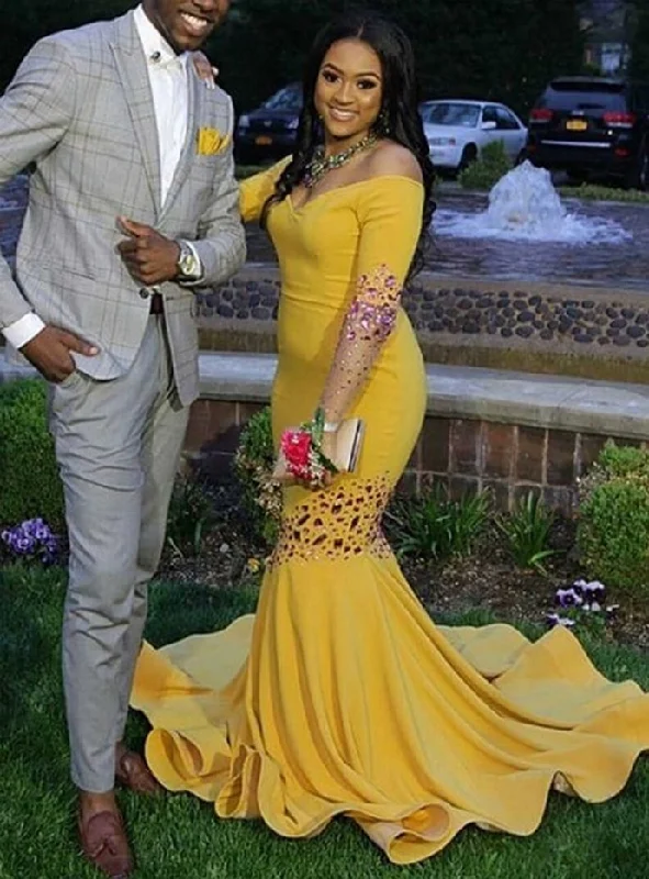 Women's Clothing Sets Rustic Countryside Charm Look Yellow Mermaid Satin Off the Shoulder Long Sleeve Crystal Prom Dress   cg12827