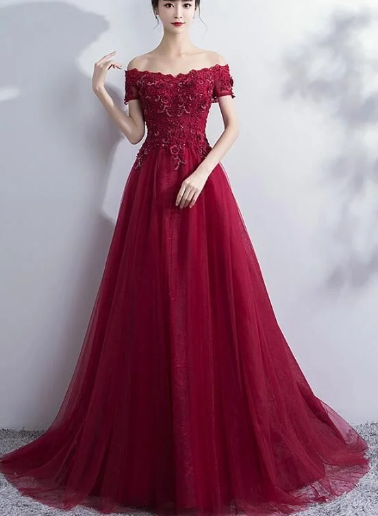 Stylish Women's Outfit Wine Red Off Shoulder Tulle And Lace Evening Gowns, Beautiful Formal prom Dresses   cg6524