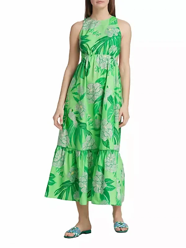 Women's Travel Outfit Set Mid - Week Surprise Dewdrop Floral Cotton Cut Out Maxi Dres In Green