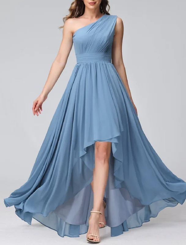 Women's Comfortable Clothes For Weekends Nordic Minimalist Home Look A-Line Bridesmaid Dress One Shoulder Sleeveless Blue Asymmetrical Chiffon with Solid Color