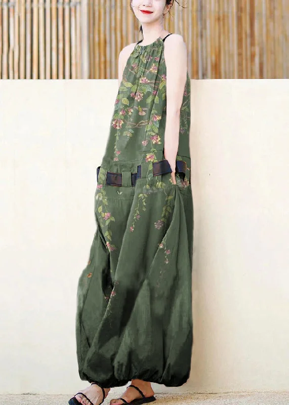 Vintage-Inspired Women's Clothes Contemporary Elegance French Green Flowers Pockets Patchwork Cotton Dress Sleeveless