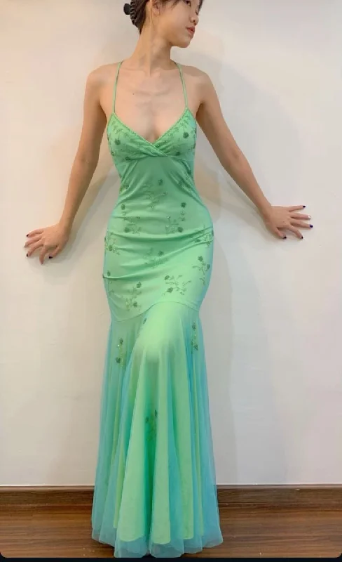 Charming Women's Holiday Apparel Grab Romantic Date - Night Styles Now Vintage Mermaid Spaghetti Straps 90s Green Prom Dresses Evening Gowns With Beads C3032