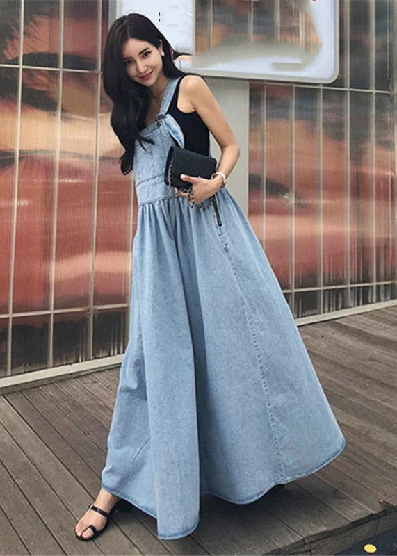 Women's Athletic Clothes Bold Silhouette Diy Blue Slash Neck Wrinkled Pockets Denim Dress Sleeveless