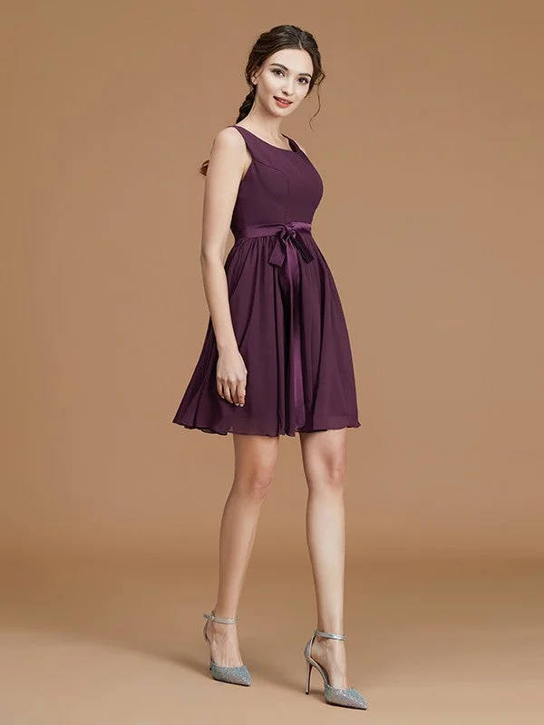 Sustainable Women's Clothes Sophisticated Cut A-Line/Princess Bateau Sleeveless Short/Mini Sash/Ribbon/Belt Chiffon Bridesmaid Dresses