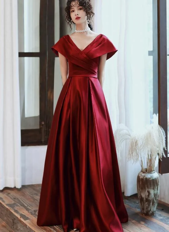 Stylish Women's Outerwear Apparel Score Big on Glamorous Red - Carpet Styles Fashionable Wine Red Satin A-Line Floor Length Junior Prom Dress, Long Evening Dress   cg15303