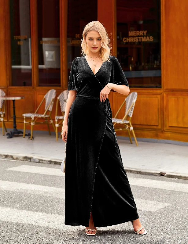 Women's Stylish Professional Apparel Limited - Time Bundle Amzcw Women's V Neck Wrap Velvet Maxi Dress Bell Sleeve Split Bridesmaid Cocktail Party Dresses dresses evening wear