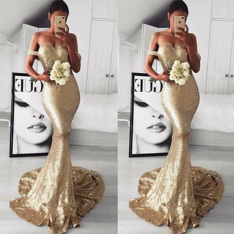 Elegant Women's Evening Garments Vintage Elegance Champagne/Gold Sequins Prom Dress Off shoulder Evening Long Women Formal Gown