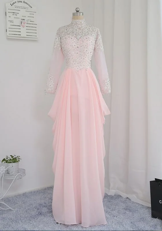 Women's Vintage Garments Evening Dresses A-line Long Sleeves Coral Appliques Beaded Islamic Dubai Abaya Kaftan Long Evening Gown Prom Dress cg4149