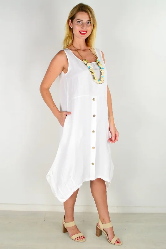 Chic Women's Garments Feminine Elegance White Linen Sleeveless Shift Tunic Dress