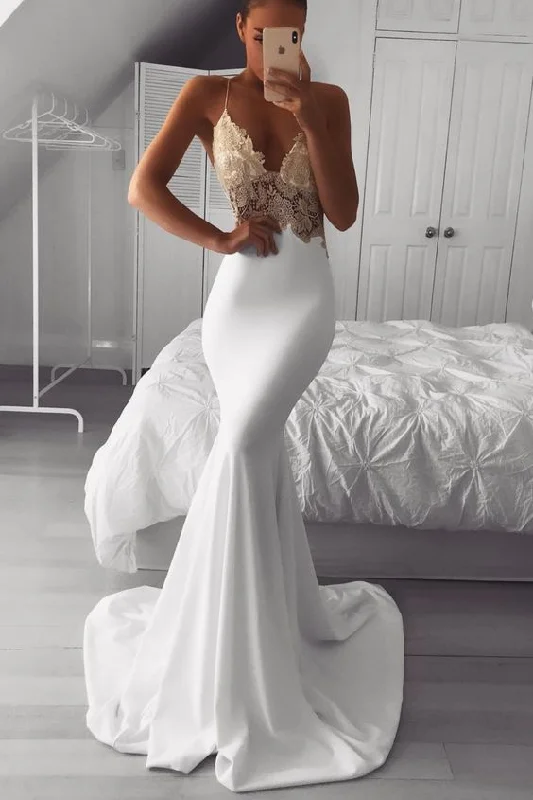 Women's Night-Out Outfit mermaid white formal gown with gold lace bodice and deep v neckline, perfect for prom 2020 night  cg6267