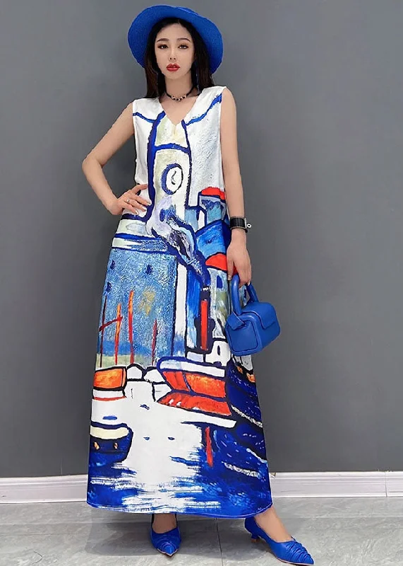 Women's Luxury Garments Feminine Charm Beautiful White V Neck Graphic Print Chiffon A Line Long Dress Sleeveless