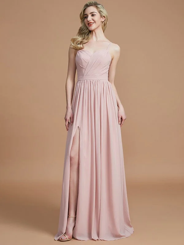 Women's Urban Clothing Feminine Soft - Hued Styles A-Line/Princess Spaghetti Straps Sleeveless Ruched Floor-Length Chiffon Bridesmaid Dresses