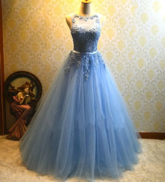 Women's Wardrobe Apparel Ball Gown Blue Prom Dress,Tulle Appliques Prom Dresses,Long Quinceanera Dresses  cg8992