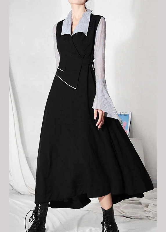 Women's Fashion Clothes Classic Charm Fashion Black Asymmetrical design Patchwork Dresses Sleeveless