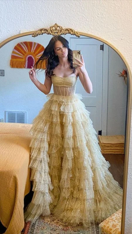 Women's Party Outfit Winter Warm - Up Sale Gorgeous Ball Gown Strapless Tulle Gold Layers Long Prom Dresses Formal Evening Dress C2712