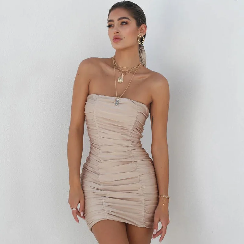 Women's Everyday Attire End - of - Month Blowout Strapless Ruched Bodycon Party Mini Dress - Khaki