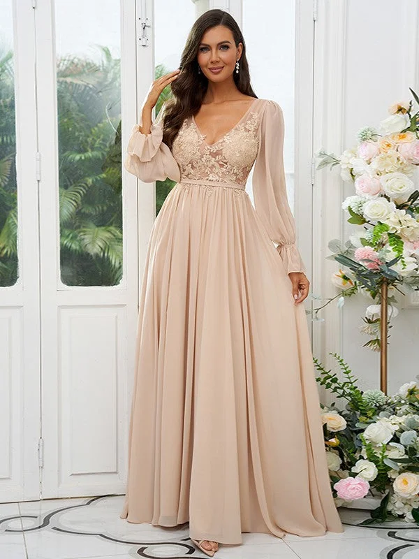 Women's Elegant Garments Flowy Fabric A-Line/Princess Chiffon Lace V-neck Long Sleeves Sweep/Brush Train Bridesmaid Dresses