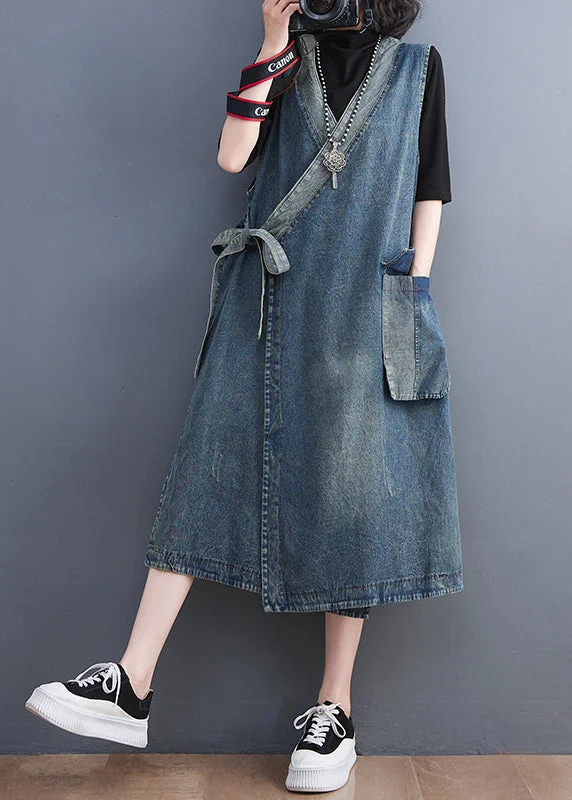 Plus-Size Women's Garments Casual Elegance Casual Blue V Neck Asymmetrical Patchwork Tie Waist Denim Long Dresses Sleeveless