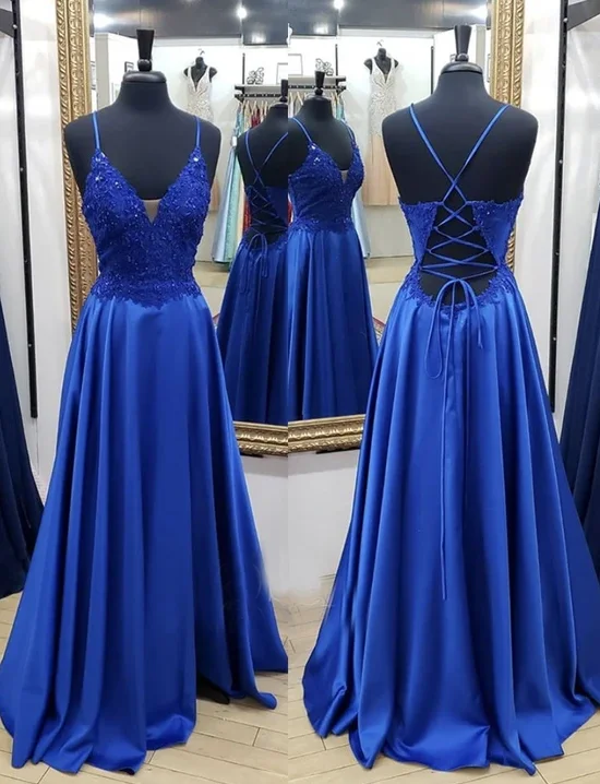 Women's Outdoor Attire Early Access to Art Deco Styles Sale Blue satin lace long prom dress evening dress   cg11702