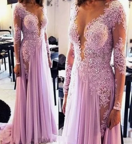 Women's Active Garments For Workouts 2019 Long Sleeve V neck Chiffon Appliques Evening Dress, Formal Prom Dress, Sexy Evening Gown cg4320