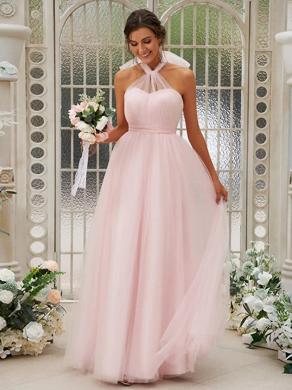 Women's Clothing For Outdoor Events Limited - Time Bundle A-Line/Princess Tulle Ruffles Halter Sleeveless Floor-Length Bridesmaid Dresses