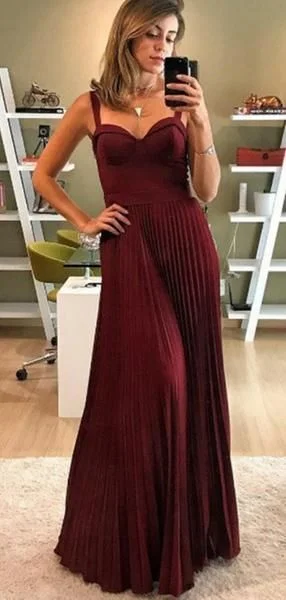 Women's Elegant Garments Effortless Comfort A-Line Spaghetti Straps Pleated Dark Red Satin Long Prom Dresses  cg8581