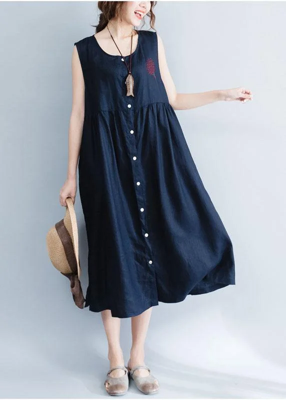 Women's Trendy Garments Artful Design Women navy patchwork linen cotton clothes For Women sleeveless Maxi summer Dress