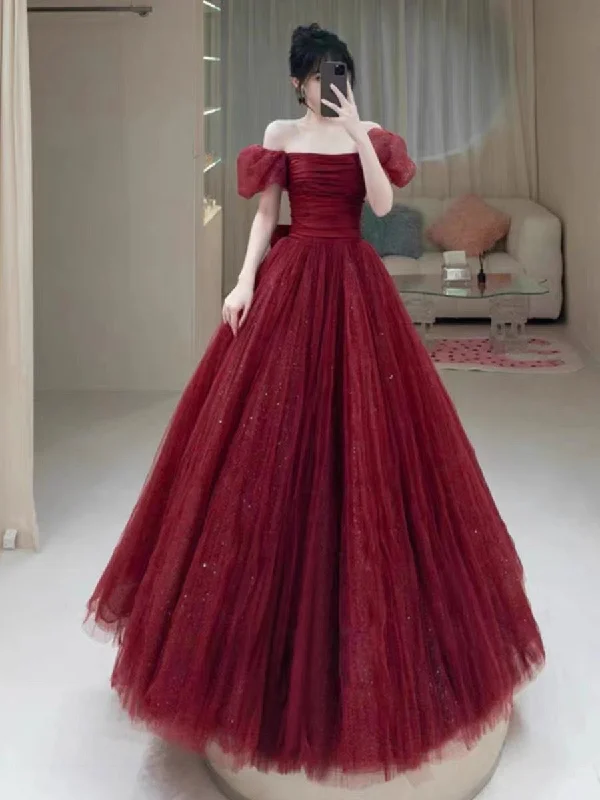 Women's Everyday Garments Elevated Style Elegant Ball Gown Sweetheart Burgundy Short Sleeves Long Prom Dress Evening Dresses C3263