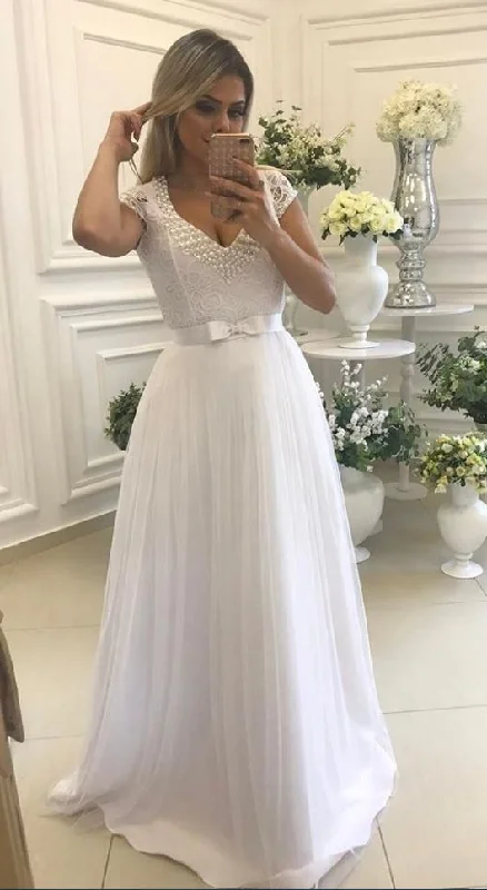 Women's Athletic Garments Cheap prom dresses ,Lastest Design White V Neck Tulle Prom Gown,Cap Sleeve Pageant Gown With Pearl Detail cg4770