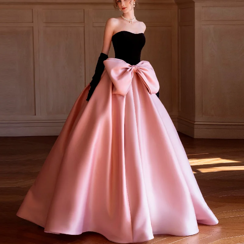 Women's Holiday Attire Limited Quantities Strapless Black and Pink Wedding Dress with Bowknot