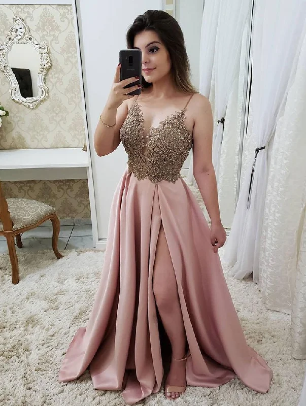 Women's Formal Clothes Mother's Day Special Pink v neck lace satin long prom dress, pink evening dress cg2936