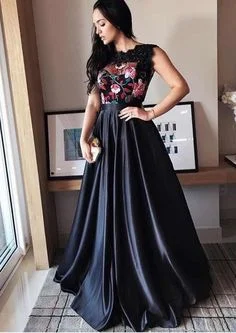 Women's Formal Apparel Ethnic Cultural Event Wear Elegant Round Neck Black Satin Long Prom Dresses with Appliques, Beautiful Formal Evening Dresses  cg6996