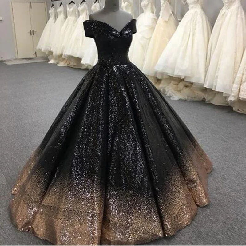 Women's Work Apparel Feminine Flow Bling Bling Sequins Gold/Black Ball Gown Prom Dresses Off Shoulder Formal Evening gown masquerade LP7752