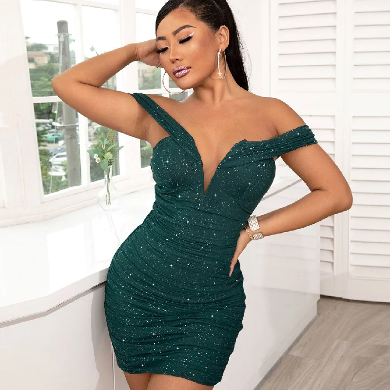 Women's Trendy Garments Update with Cottagecore Styles Ruched V Wire Off Shoulder Bodycon Party Mini Dress - Emerald Green