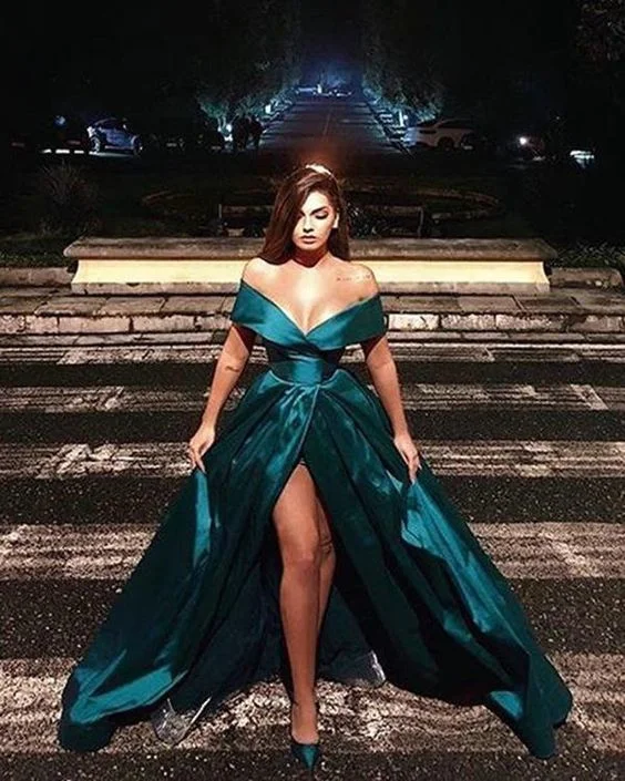 Women's Plus-Size Clothes Bold Silhouette Hunter Green Elastic Satin Prom Dresses Split Long Prom Party Gowns Fashion   cg14848