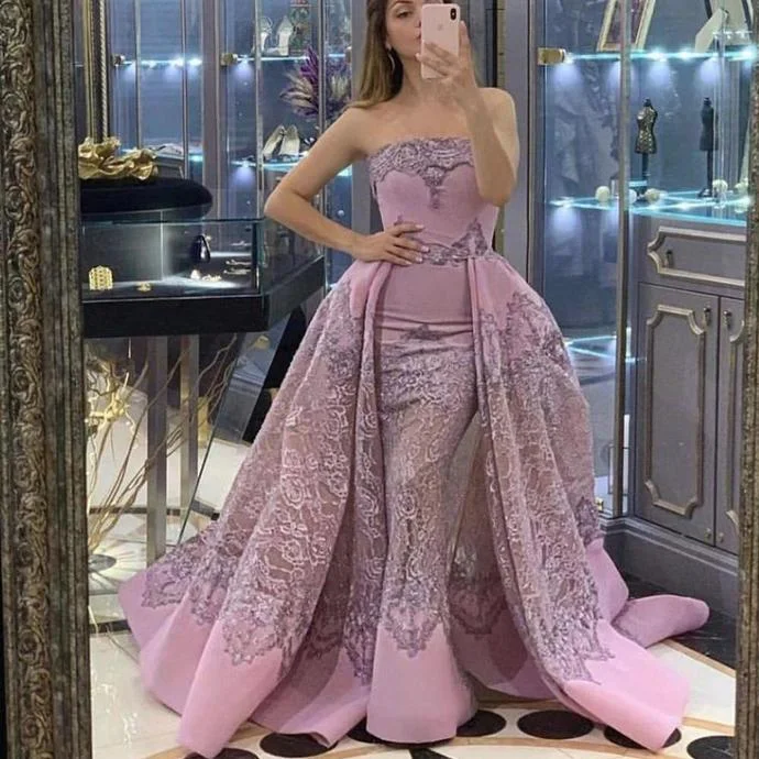 Women's Relaxed Clothes Classic Charm pink prom dresses 2020 strapless neckline lace detachable skirt train satin floor length evening dresses long   cg13802