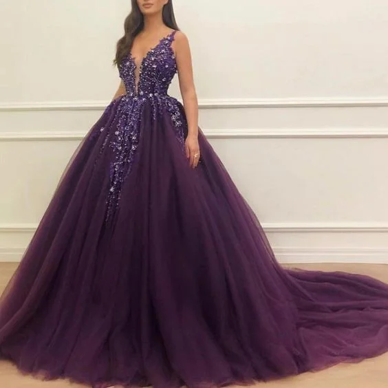 Women's Seasonal Attire deep purple ball gown prom dresses 2020 deep v neck crystals beaded prom gown vestido de graduation  cg5543