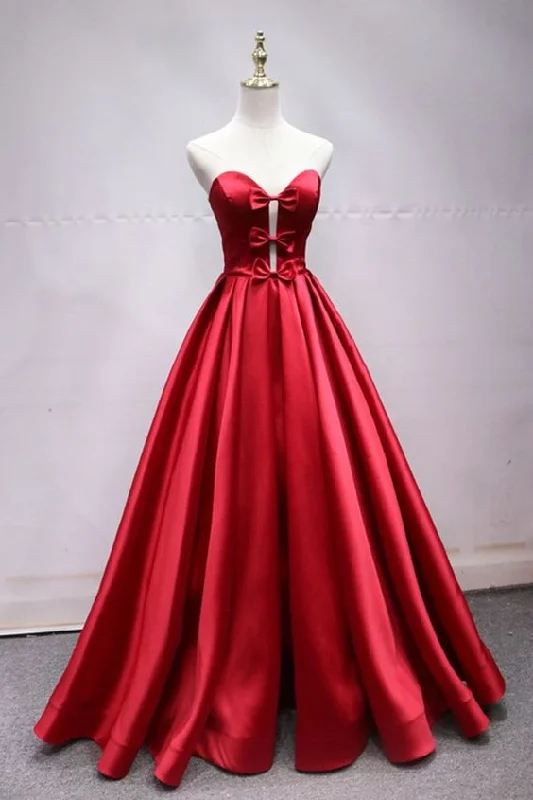 Women's Plus-Size Apparel Limited - Stock Sweetheart Neck Red Satin Lace Up Long Prom Dress With Bowknot  cg5099