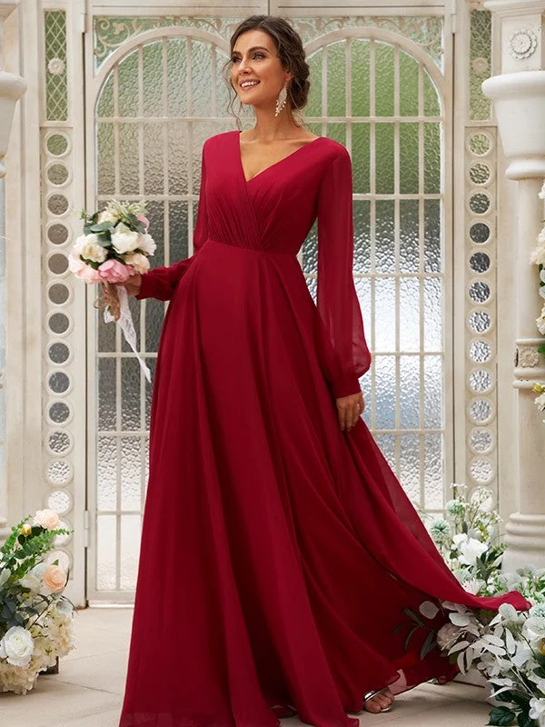 Comfortable Garments For Women Winter Warm - Up Sale A-Line/Princess Chiffon Ruched V-neck Long Sleeves Floor-Length Bridesmaid Dresses