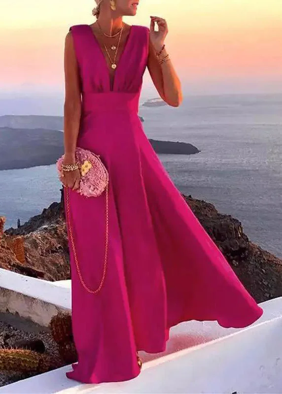 Comfortable Outfit For Women Bold Silhouette French Rose V Neck Patchwork Chiffon Long Dress Sleeveless