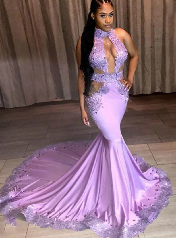 Women's Evening Clothing Boho - Chic Festival - Ready Style Purple Mermaid Satin Cut Out Appliques Beading Prom Dress   cg12823