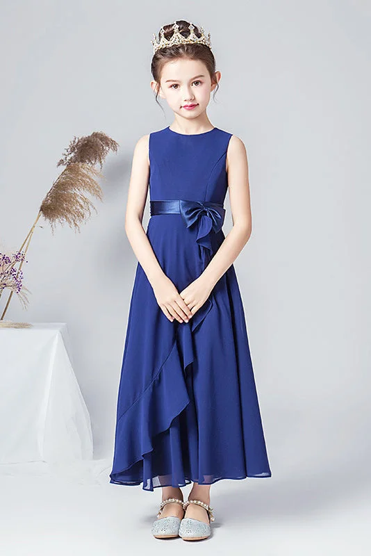 Women's Elegant Formal Outfit Chic Urban Fashion Look Dark Blue Sleeveless Chiffon Ruffles Flower Girl Dresses