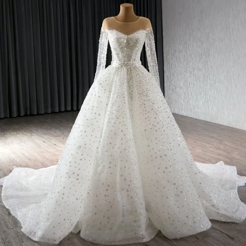 Stylish Outerwear Clothes For Women Charming Silhouette Long Sleeve Sparkly High Back Wedding Dress with Detachable Skirt