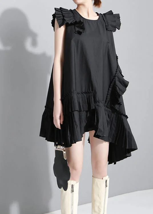 Women's Cozy Clothes Feminine Charm Women Summer Solid Black Sleeveless Pleated Ruffles Ladies Dress