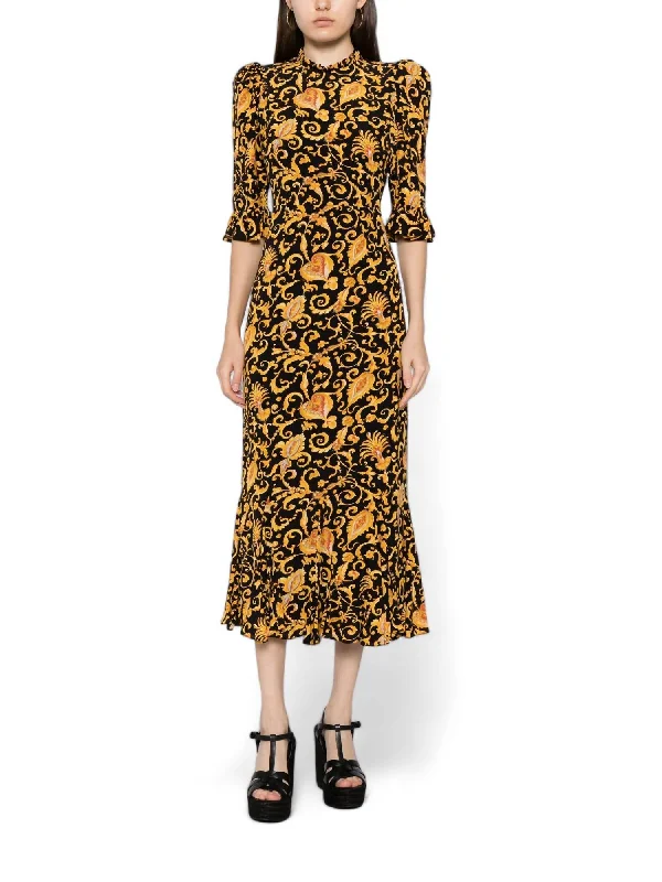 Women's Trendy Casual Outfit Holiday Sale Felix Midi Dress In Baroque Heart Floral Gold