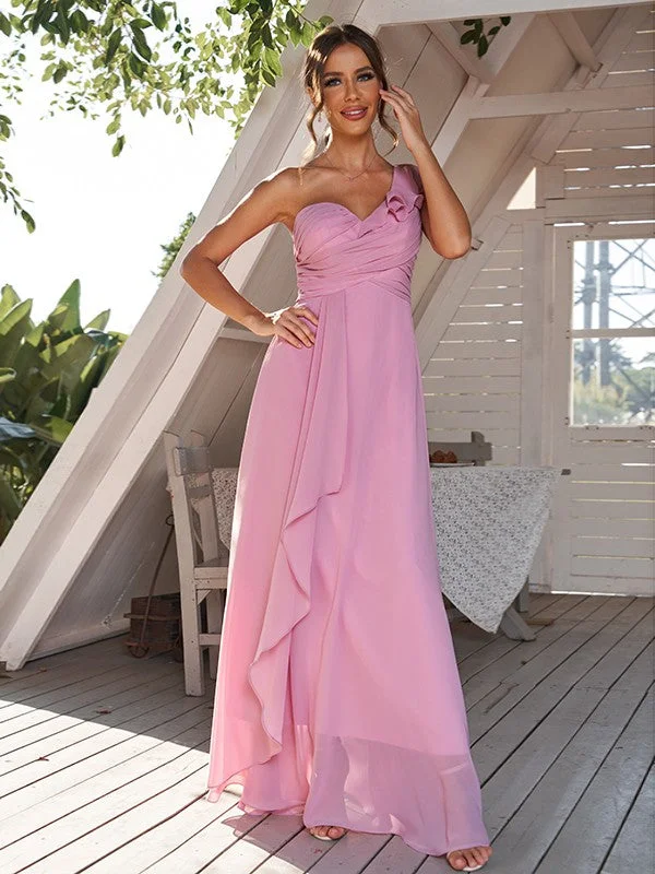 Women's Date Night Outfit Charming Silhouette A-Line/Princess Chiffon Ruched One-Shoulder Sleeveless Floor-Length Bridesmaid Dresses