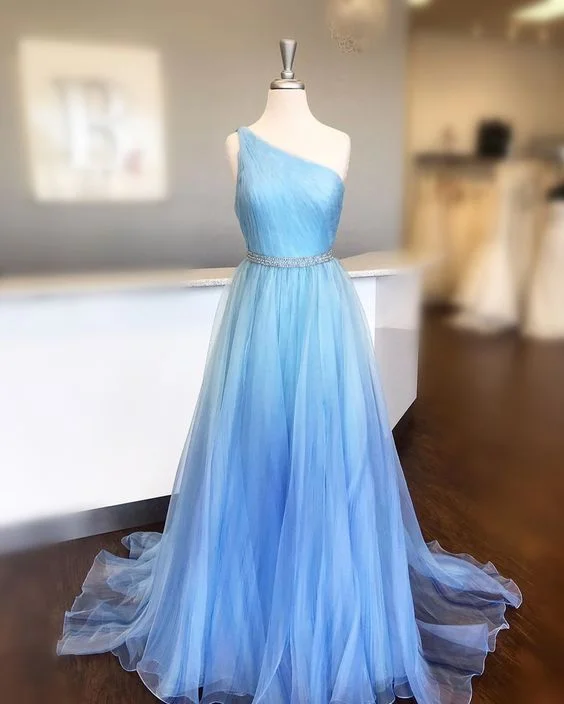 Casual Apparel For Women Blue Prom Dress,Tulle Prom Gown,A-Line Evening Dress,One-Shoulder Prom Gown  cg9407