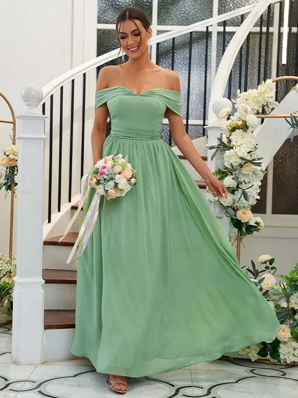 Women's Evening Wear Attire Score Big on Glamorous Red - Carpet Styles A-Line/Princess Chiffon Ruffles Off-the-Shoulder Sleeveless Floor-Length Bridesmaid Dresses