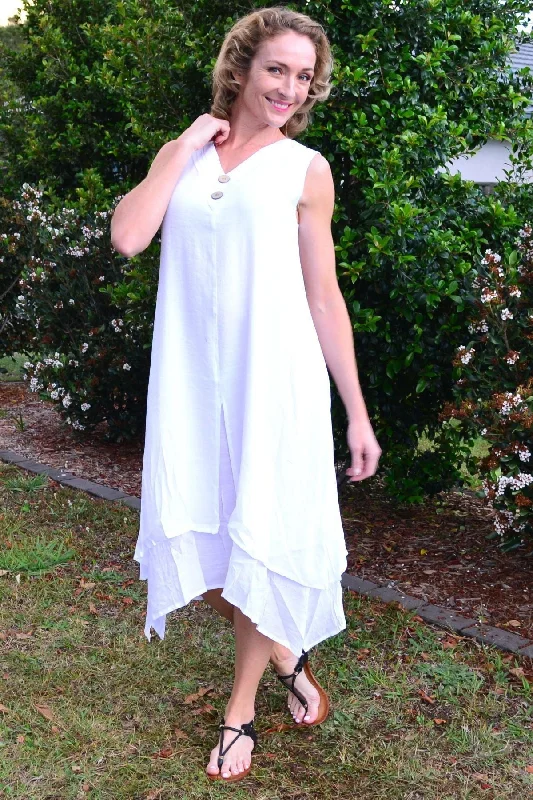 Fashionable Women's Casual Apparel Flash Deals White Sleeveless Coconut Button Tunic Dress